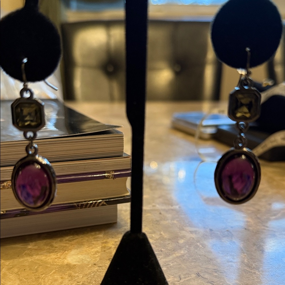 NWOT dark, gray metal, purple and olive green glass drop earrings